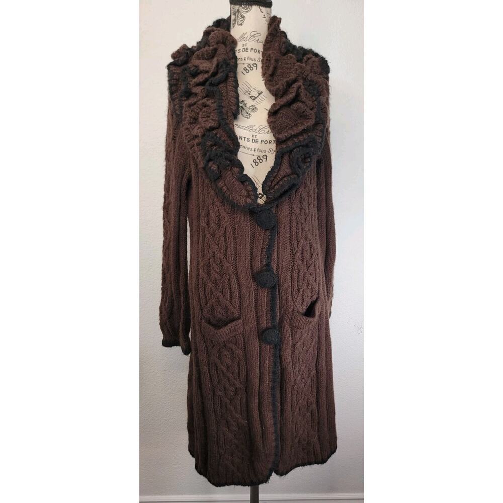 BCBG Max Azria Duster Long Cardigan Sweater Womens XL Wool Mohair Double Ruffle - Picture 2 of 9